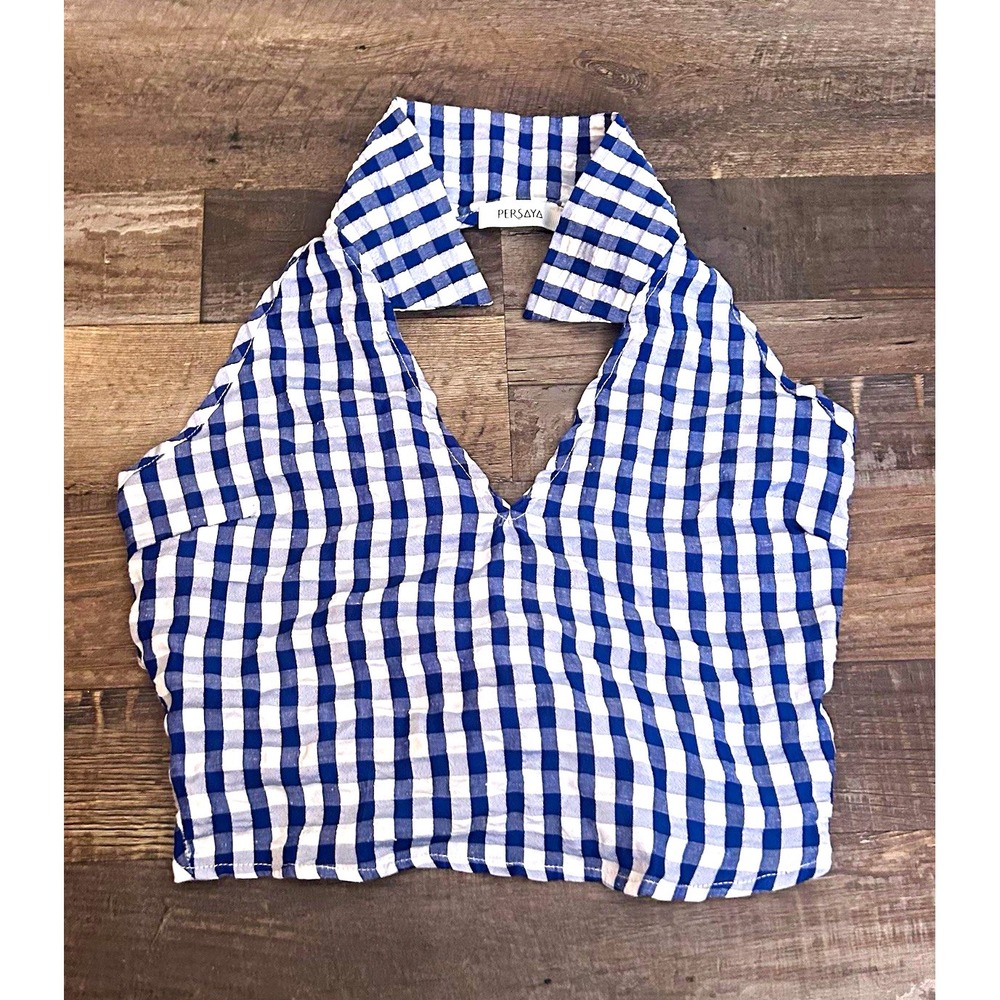 PERSAYA Blue White Gingham Halter Tie Front Collared Crop Top Women S